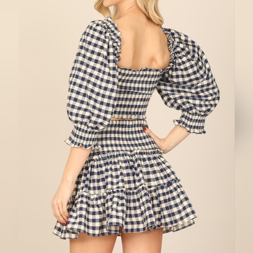 Olivaceous Navy Plaid Puff Sleeve Smocked Crop Top Ruffle Skirt Set - Picture 2 of 7